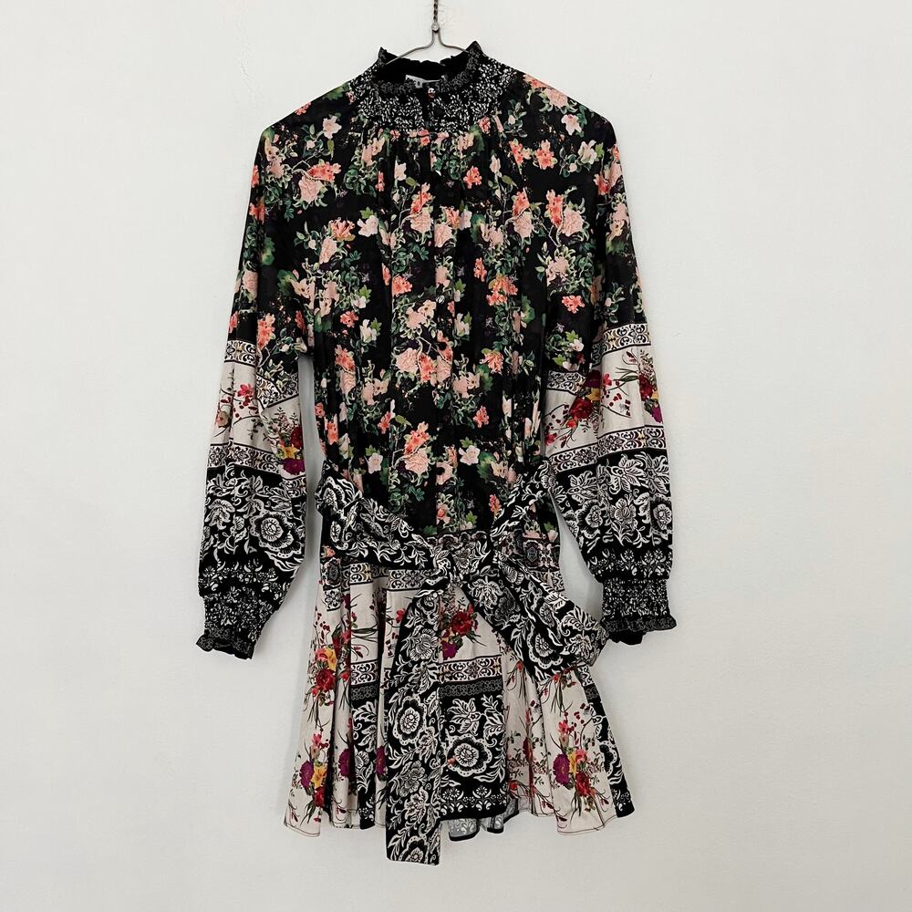 NEW Alice + Olivia Janis Mock Neck Dress Womens 4 Black Floral Mini Dream Castle